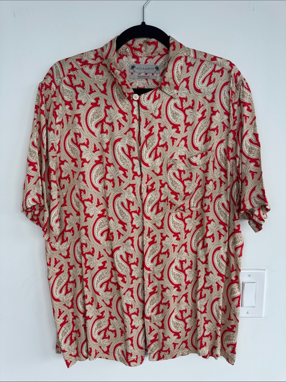 All Saints Red and Cream Paisley Button-Up Shirt